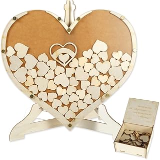 Wedding Guest Book Alternative, Heart Shape Guest Book Drop Box, Wooden Wedding Sign Book with 60 Hearts + Heart Shape Frame Box + Stand + Storage Box for Rustic Wedding Decor, Baby Shower