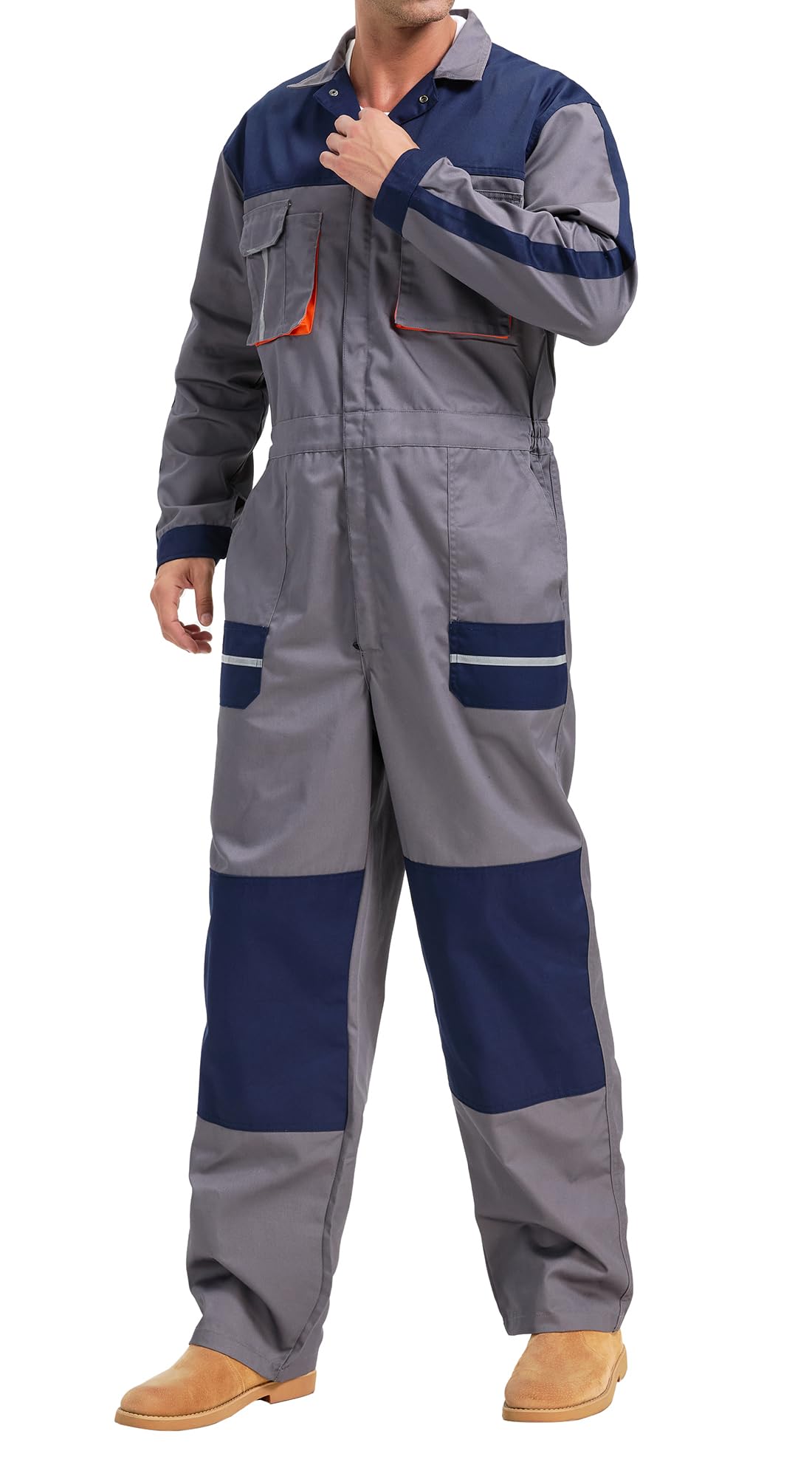 Mono de Trabajo de Hombre de Manga Larga con Rodilleras Puños y Cintura con Elástico, Pantalones con Peto de Trabajo para jardín y Garaje (Gris Oscuro, M)