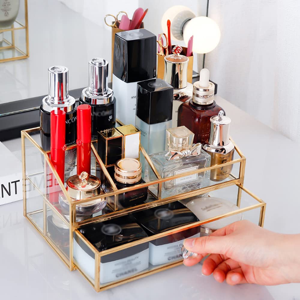 YUEHUA Organizador de cosméticos de vidrio transparente de latón y metal, organizador de maquillaje de vidrio para encimera de baño y tocador