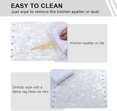 Miniatura 3 de 10 hojas de mosaico para salpicaduras de nácar de madrepera, para pegar en muro para cocina, baño, dormitorio (blanco, 12 x 12 pulgadas)