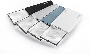 Eschenbach EasyPOCKET LED Pocket Magnifier, 4X, Blue, 86 x 54 mm, 16D | Credit-card-sized slide-out lens with automatic LED light; aspheric hybrid PXM optics provide clear reading on the go