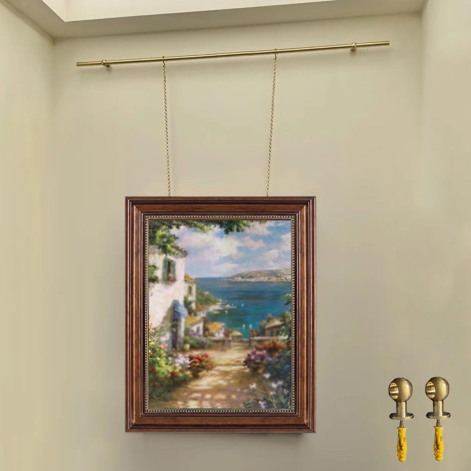 Système d'accrochage de Tableaux Robuste - Kit de Rail de Suspension en Laiton de 70 cm (27,5 po) pour galerie d'art, avec Clous, Fixation Murale pour Photos de Villa, béton et cloisons sèch