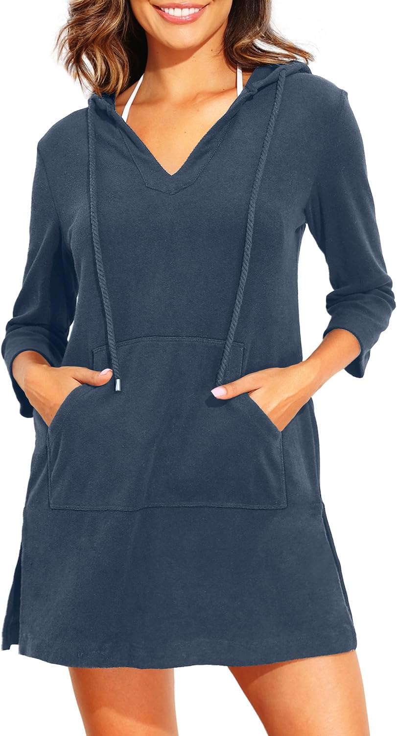 Pinup Fashion Terry Cloth Swim Cover Up - Hooded Beach Women Cover-Up Long Sleeve Coverup with Pocket