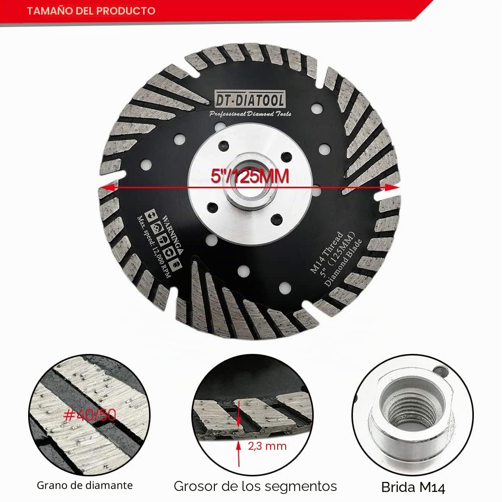 DT-DIATOOL Disco Tronzador Diamante 125 mm x M14 Hoja de Sierra Turbo con Dientes Protectores para Cortar Moler Hormigón Mármol Granito Azulejos