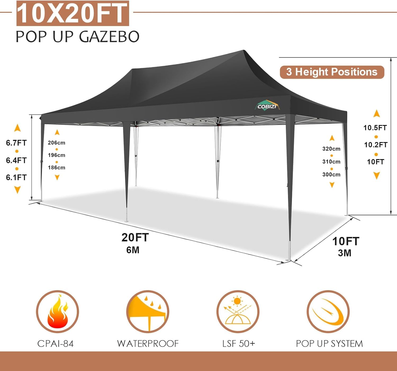 COBIZI Pavillon 3x6m Wasserdicht Stabil mit 6 Seitenteilen,Schwarz | Faltpavillon 3x6 Partyzelt Pop Up Camping Gartenzelt Gartenpavillon für Garten, Party, Festival, Hochzeit, UV-Schutz