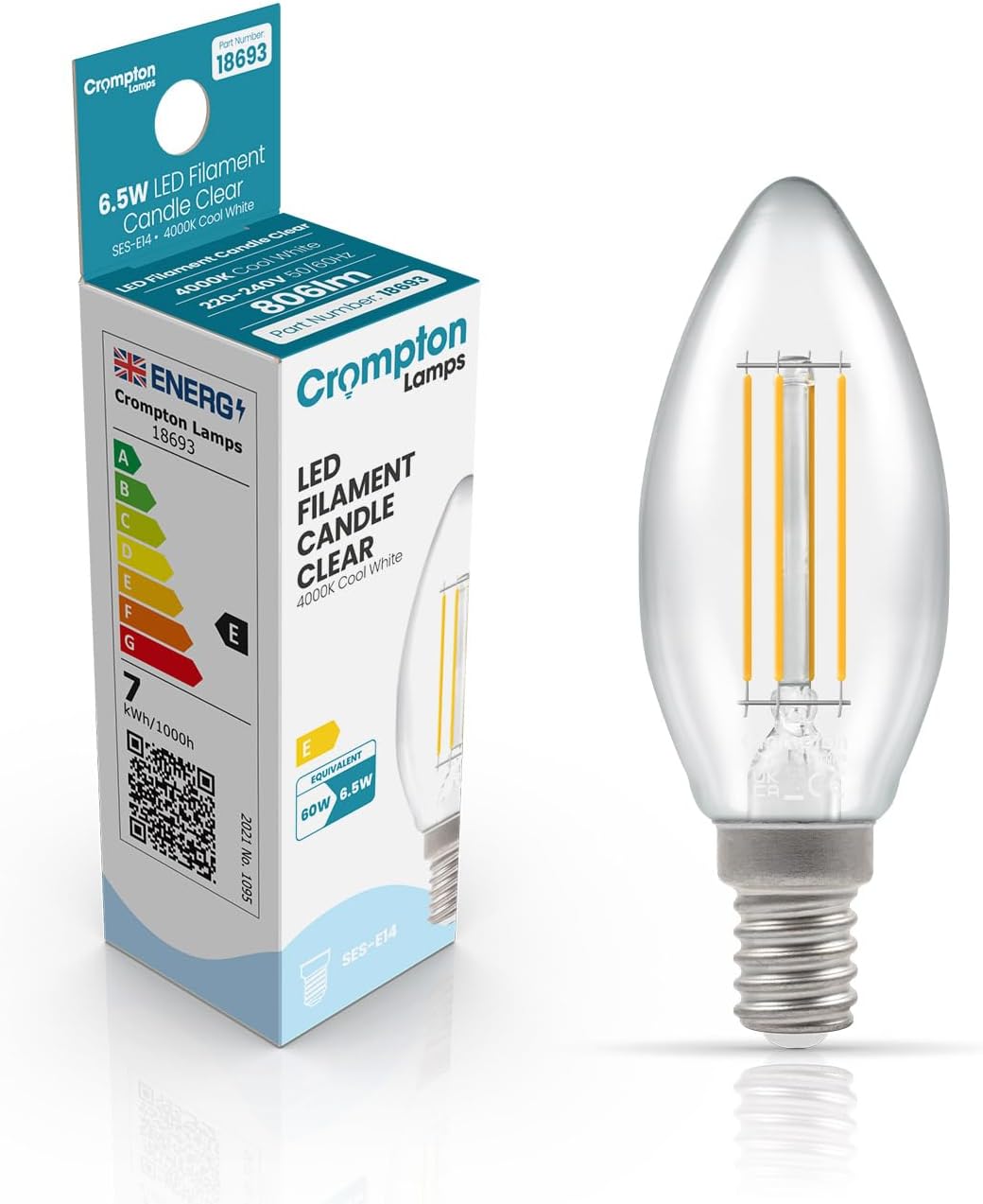 Filament Candle LED Light Bulb SES-E14 | 6.5W = 60W Equivalent | Cool White 4000K | Energy Efficient | Small Screw Lightbulb | Long Life 15,000-Hrs | Clear Glass