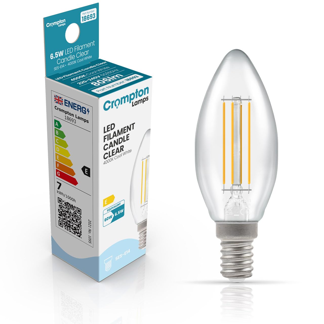 Crompton Lamps Filament Candle LED Light Bulb SES-E14 | 6.5W = 60W Equivalent | Cool White 4000K | Energy Efficient | Small Screw Lightbulb | Long Life 15,000-Hrs | Clear Glass