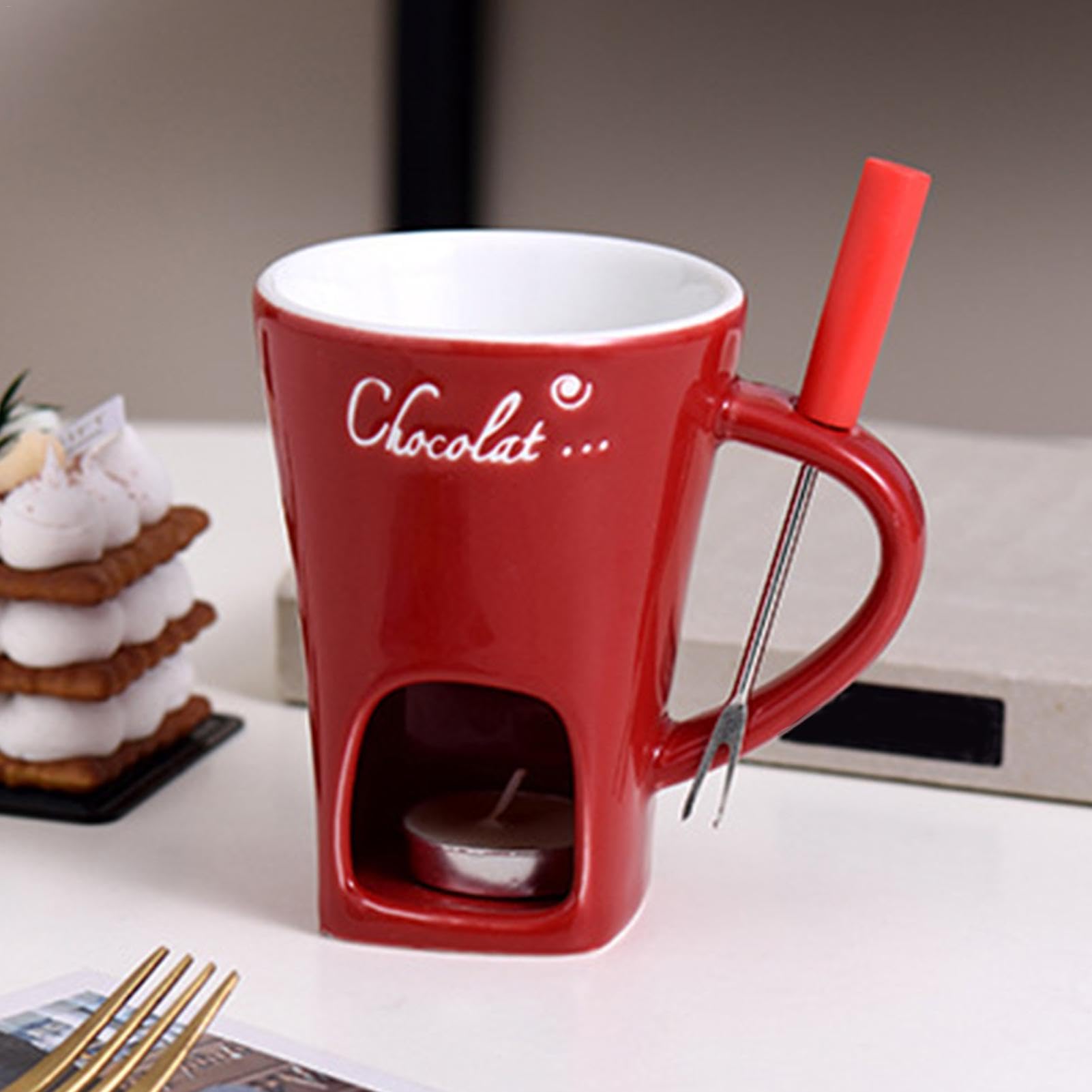Tasse à Fondue Au Chocolat En Céramique | Set Avec Fourchette & Bougie à Thé | 200 Ml | Lave-vaisselle