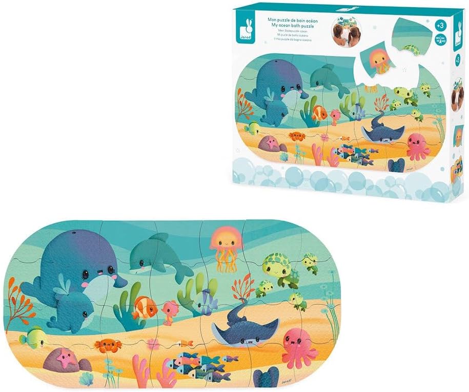 Janod Children’s Puzzle-28 Floating Pieces-Bath Toy-Easy to Store-Sea Animal-Themed Puzzle-3 Years +, J04727, Multicolor