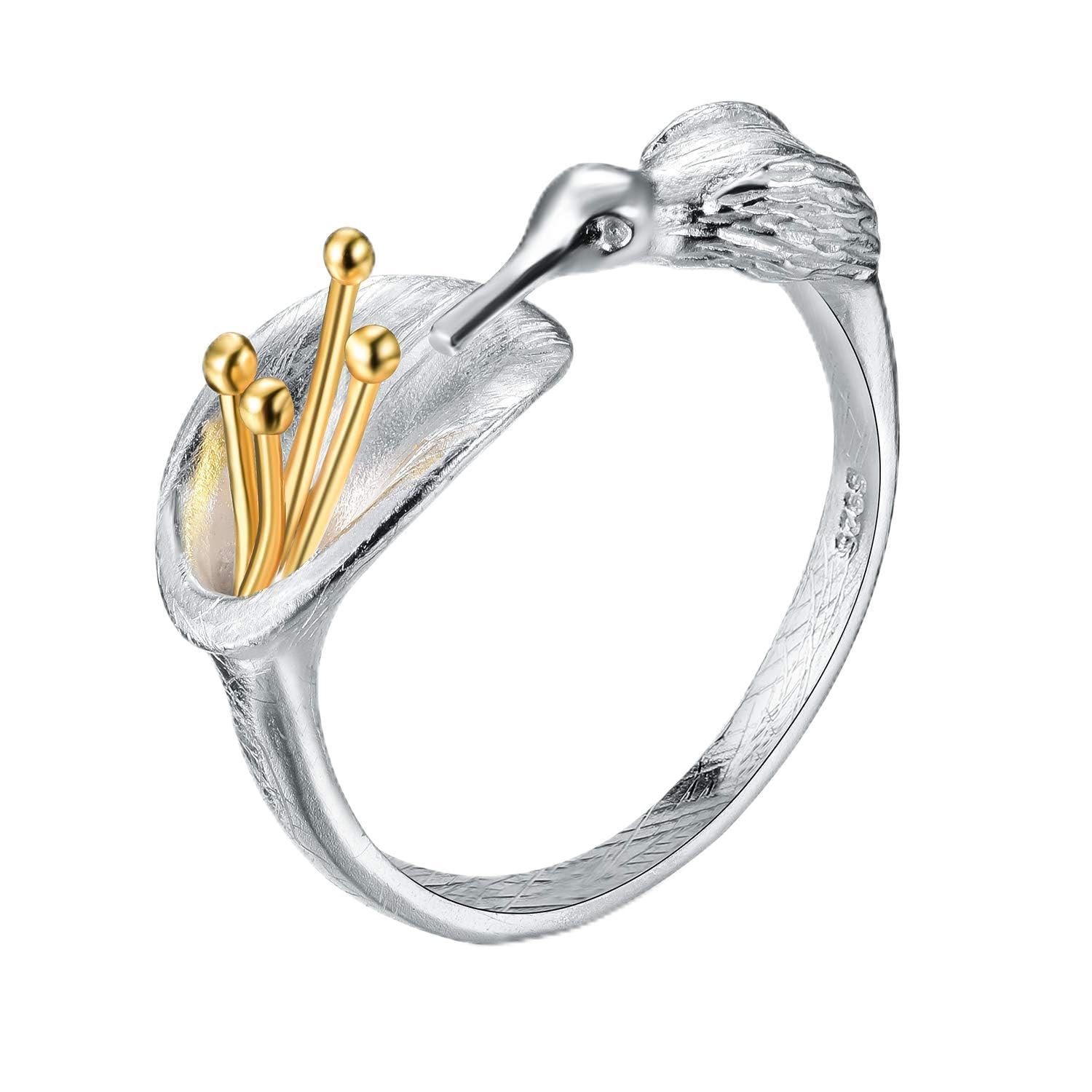 Lotus Fun Bague pour femme en argent sterling S925 avec motif colibri, bague ouverte faite à la main pour femme et fille