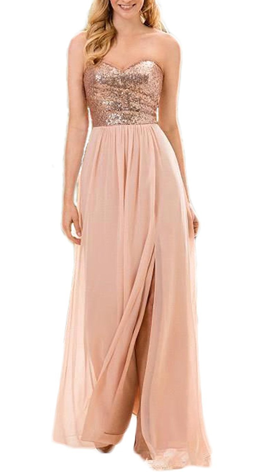 Women's Sequin and Chiffon Sweetheart Neck Bridesmaid Dresses Long Rose Gold US8