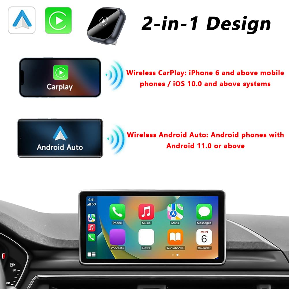 2 in 1 Carplay Wireless per Jeep Renegade 2018 2019 2020 2021 2022 2023, Adattatore CarPlay e Android Auto Wireless Plug & Play Connessione Automatica Controllo Vocale,D Grey