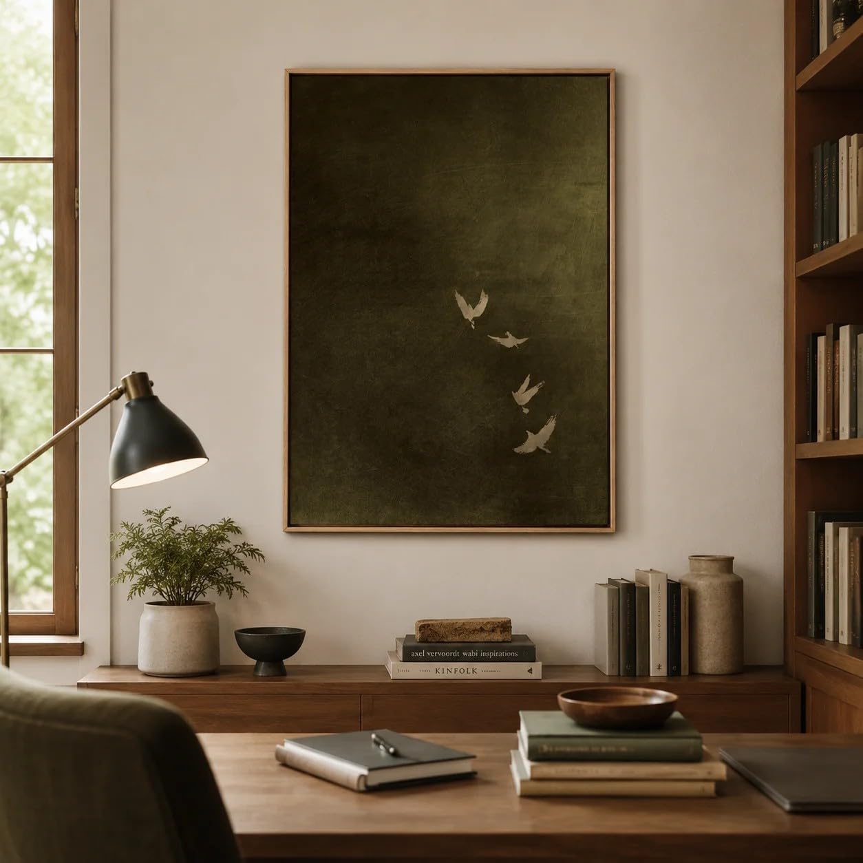 DAMAIART Tableau sur toile représentant un oiseau vert olive, art sombre et mystérieux, décoration minimaliste de style Japandi pour salon ou chambre (80 x 120 cm/sans cadre)