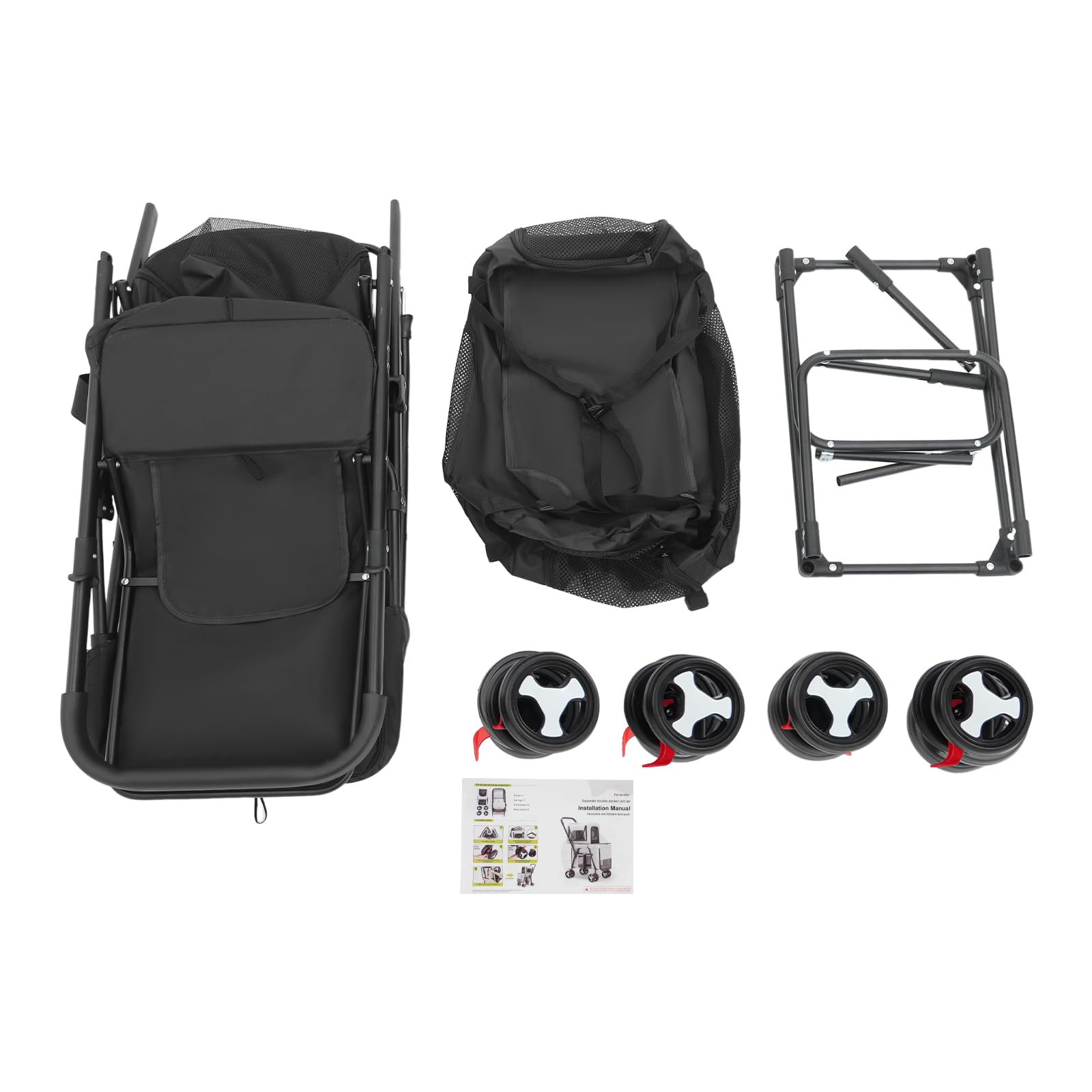 Schwarz Doppelter Haustierstroller, 2 Etagen Faltbarer Haustierwagen, Faltbarer Haustiere Buggy mit abnehmbarer Transportbox, für Katzen und Hunde