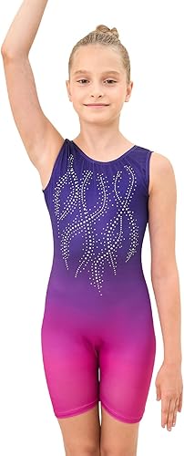 Miniatura 3 de EQSJIU Traje de ballet de gimnasia con diamantes degradados para niñas, leotardo con pantalones cortos para ejercicio, gimnasio, clase