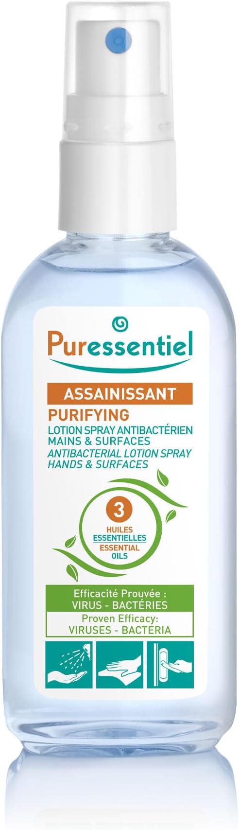 Purifying Antibacterial Lotion Spray Hands & Surfaces 80 ml with 3 essential oils – Eliminates 99.9% of bacteria and viruses – Cleanses without water, soap or rinsing