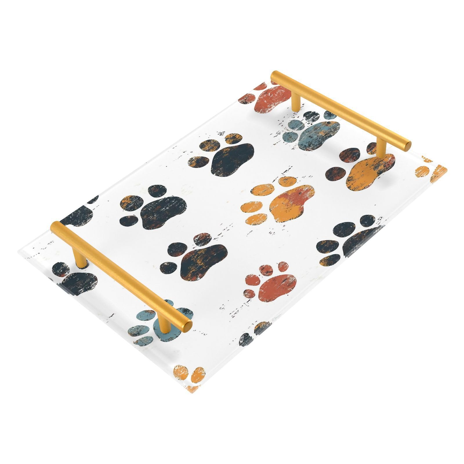 GUIJI Pawprints Acrylic Tray, Perfume Cosmetic Jewelry Decorative Trays Bathtub Organizer, Living Room Kitchen Serving Tray with Gold Handles