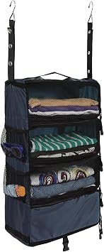 Surblue Travel Hanging Luggage Organizer Portable Suitcase Closet Organizer Multiple Compartments Collapsible Compression Packing Cubes Shelf, Navy, S