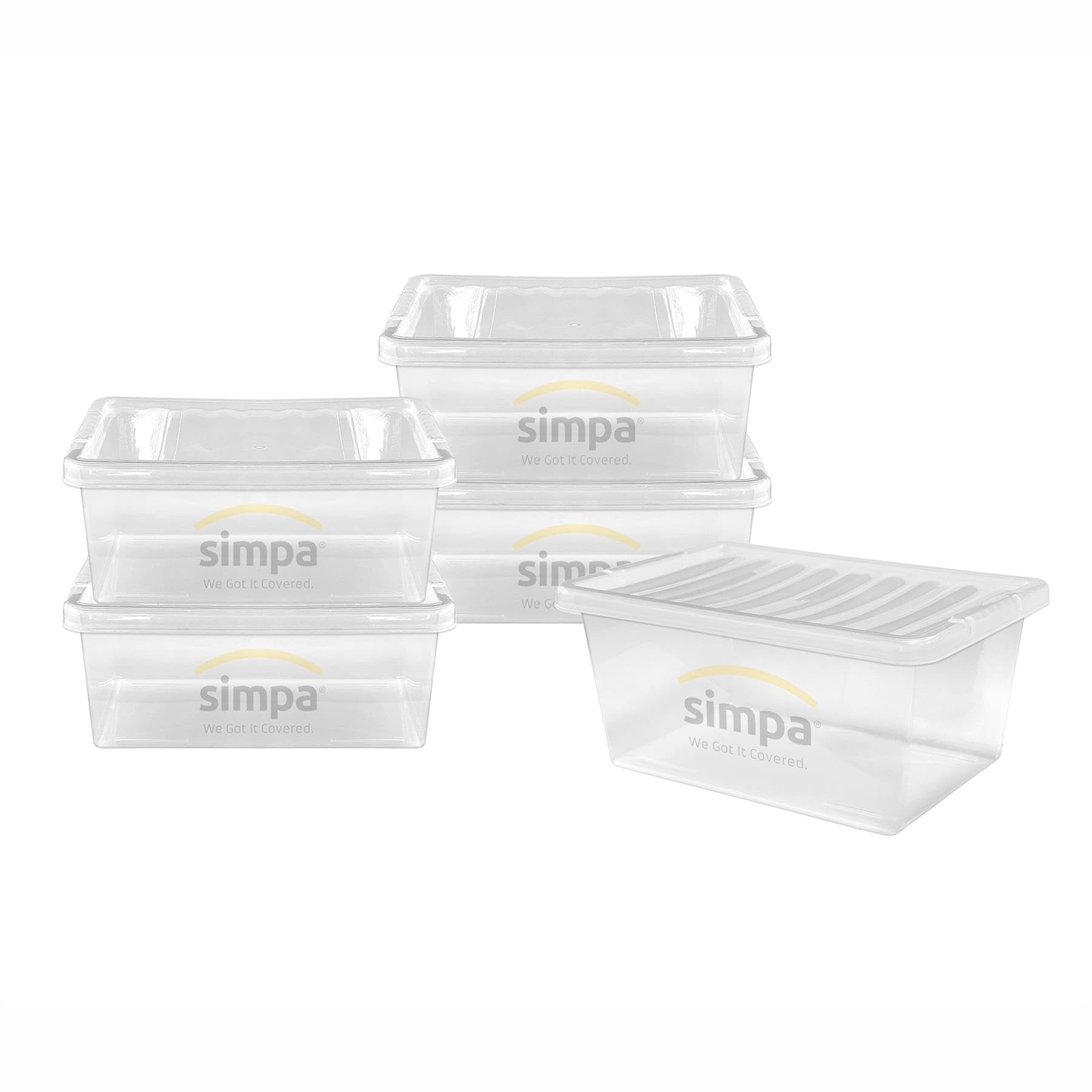 Simpa Transparent 45 Litre 45L Stackable Plastic Storage Box With Clear Lids - 26Cm (H) X 60Cm (L) X 40Cm (W) - Set Of 5 Boxes