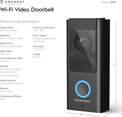 Miniatura 2 de Amcrest Cámara de timbre de video 1080P Pro, cámara de timbre WiFi de 2.4 GHz para exteriores (alimentación con cable), tarjeta MicroSD, detección