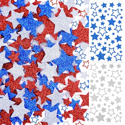 768Pcs Glitter Star Stickers Foam Stickers Small Large Stars Shape Stickers Self Adhesive Sticker for Kids Reward Classroom Scrapbook Arts Crafts Poster Christmas Home Party Decor(6 Red&Blue&Silver)