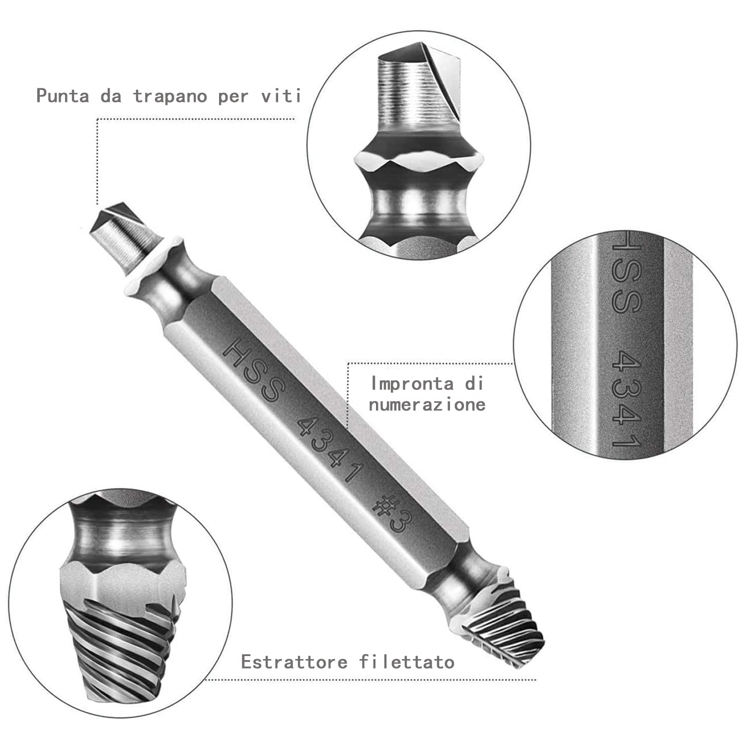6 Pcs Estrattori Viti Danneggiate, Estrattore Viti Spanate, Dispositivo Di Rimozione Bullone Rotto In Acciaio H.S.S 4341# per Danneggiati/Spellati