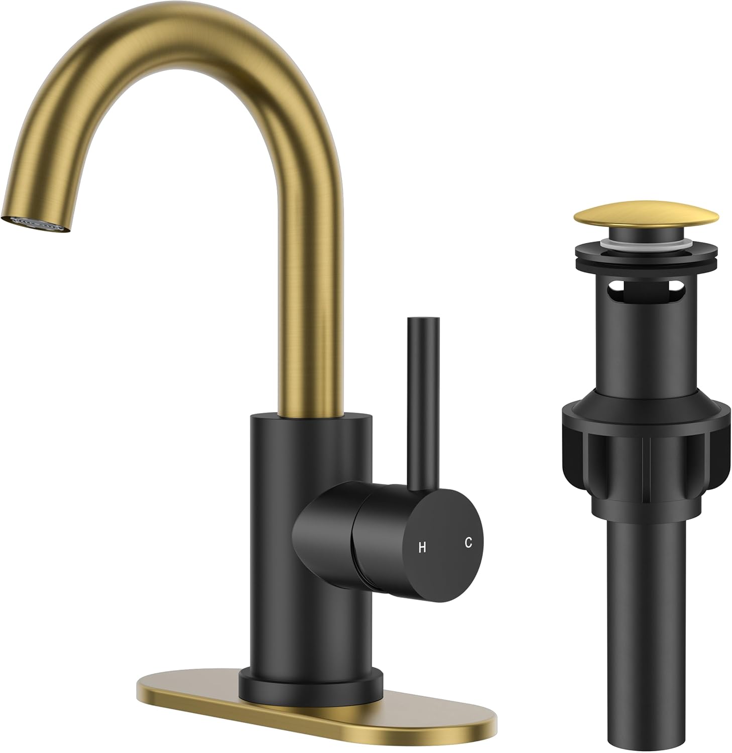 FORIOUS Black and Gold Bathroom Sink Faucet 1 or 3 Hole with Pop Up Drain and Hoses, Single Handle Vanity Faucet for Bathroom Vanity Bar Kitchen RV, 360° Swivel High Arc Spout