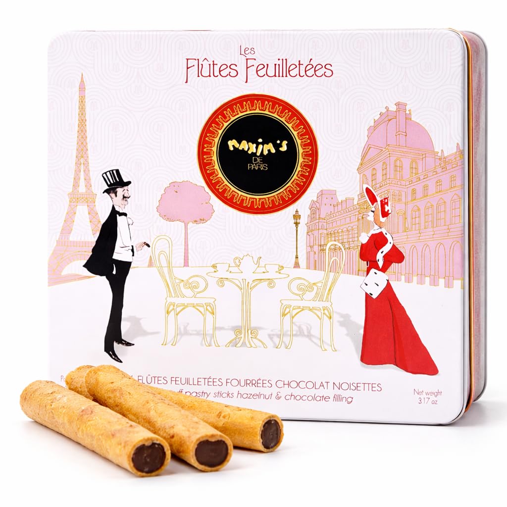 Maxim’s de Paris Chocolate Hazelnut Wafer Rolls – Crispy French Wafer Cookies with Hazelnut Chocolate Filling – Vintage Paris Gift Tin (90 g)