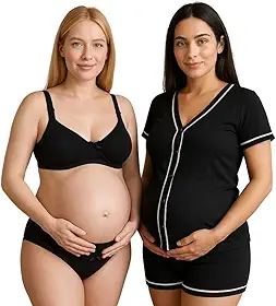 Combo Amamentação Pijama Sabrina com Botões Sutiã com Clique e Calcinha Pós Parto Sabrina