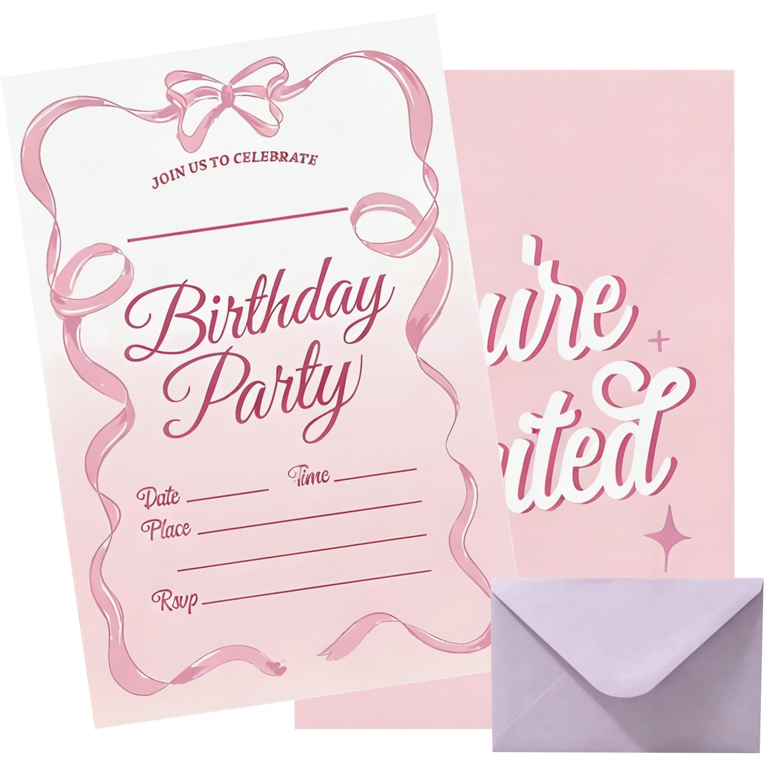 20Pcs Bow Party Invites Cards with Envelope, Birthday Invitations for Girls