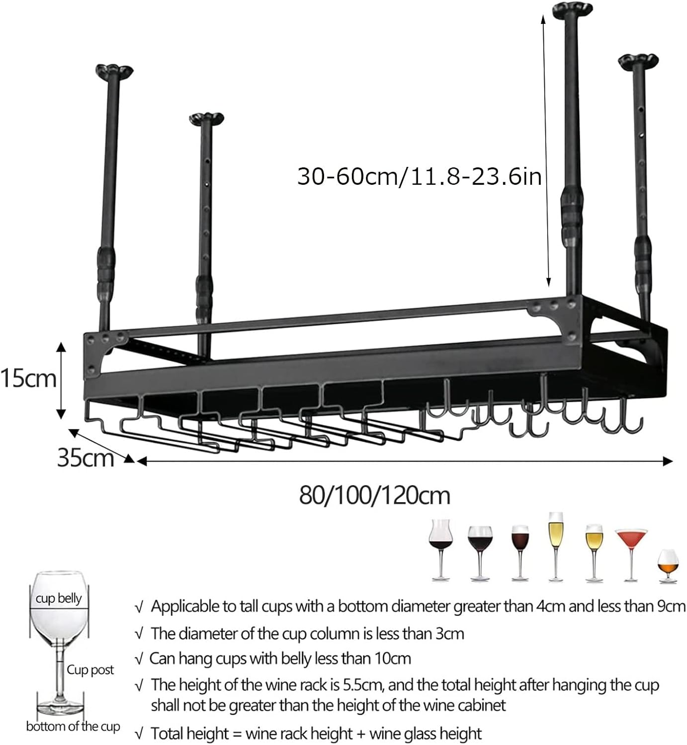 Hanging Wine Glass Holder Industrial Wine Glass Holder - Black Bottle Holder Ceiling Wine Bottle Rack,Metal Wine Shelf,Height Adjustable,for Bars Restaurants Kitchens