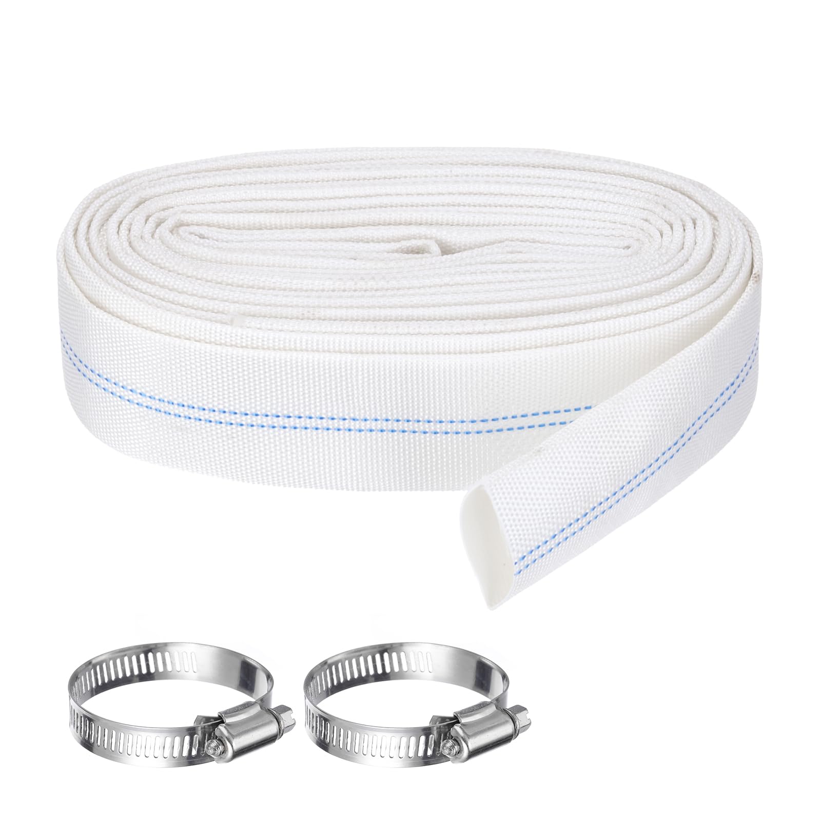 Rebower Pool Backwash Hose, 1.5 Inch x 98.4ft Reinforced Drain Hose PVC Lay Flat Water Discharge Pump Hoses for Pool Filter Swimming Pump, with 2pcs Clamps, White