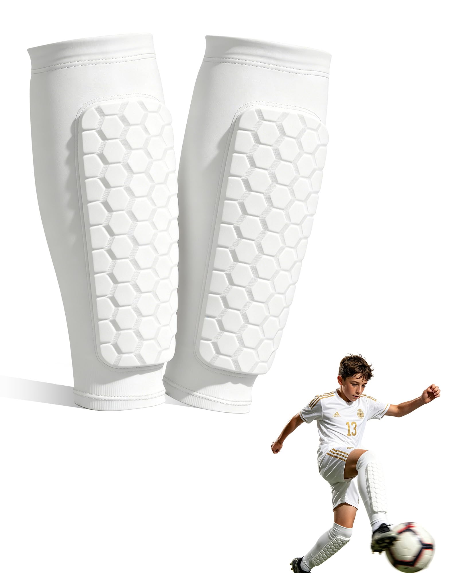 Ouxonix Kids Football Shin Guards M White with Sleeve Slip-in for Ages 9-12