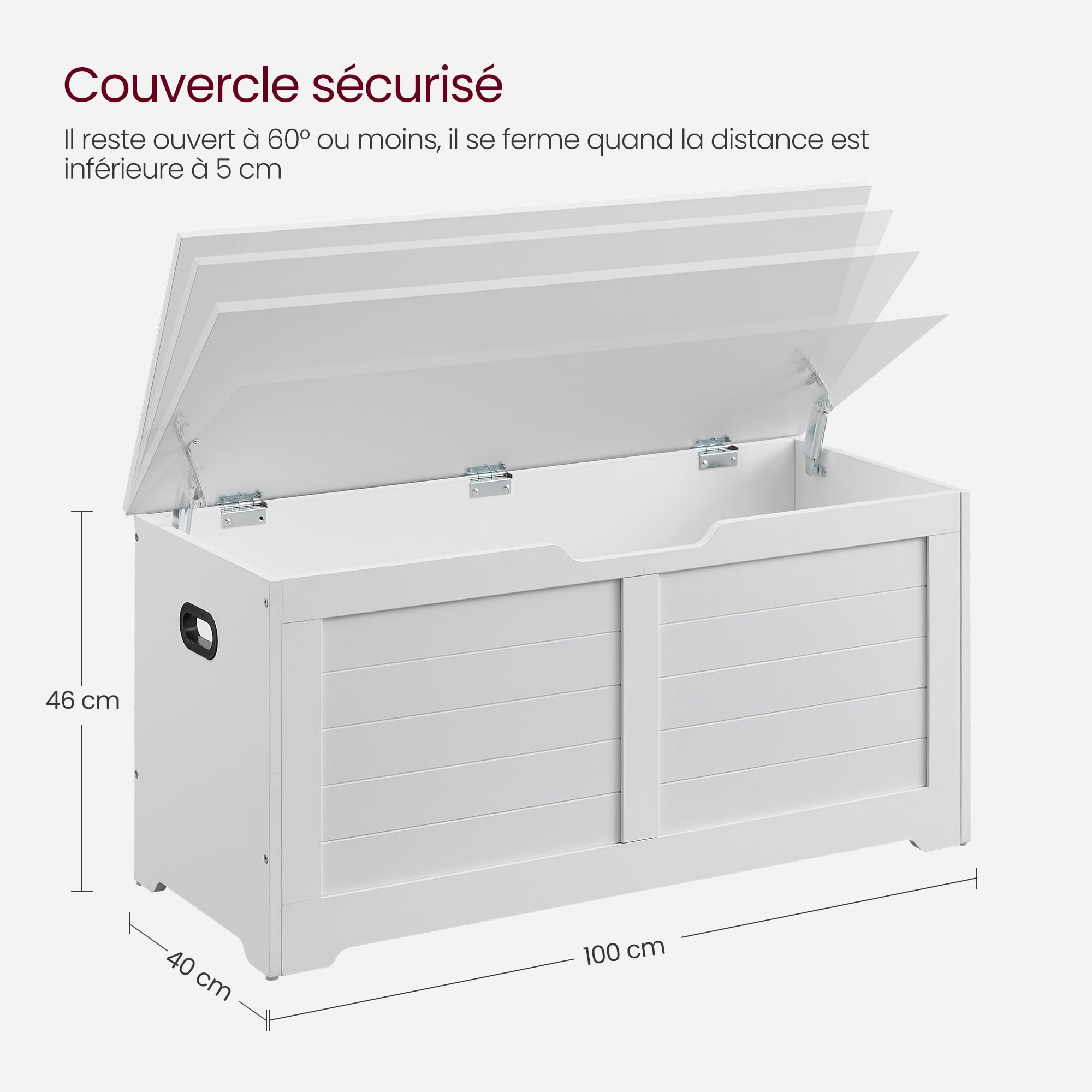 VASAGLE Coffre de Rangement, Banc à Chaussures, avec 2 Charnières de Sécurité, Imitation Grange, 40 x 100 x 46 cm, pour Entrée, Couloir, Chambre, Salon, Blanc Nuage LSB061T10