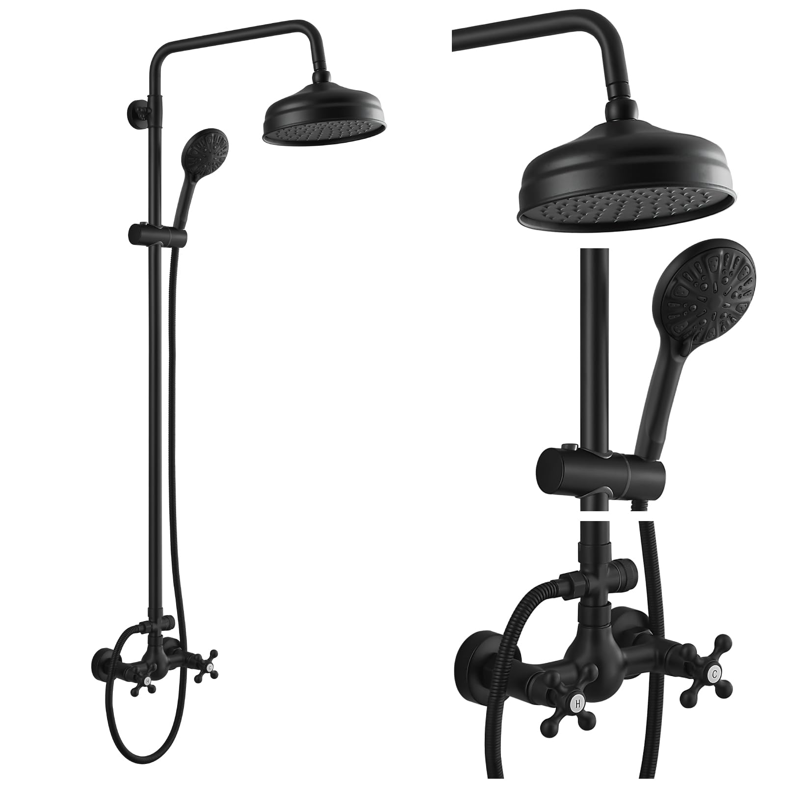 gotonovo Bathroom Exposed Shower Fixtures 8 Inch Rain Showerhead Double Cross Handles 2 Function Wall Mount Shower Faucet Set, ABS Handheld Spray, Matte Black