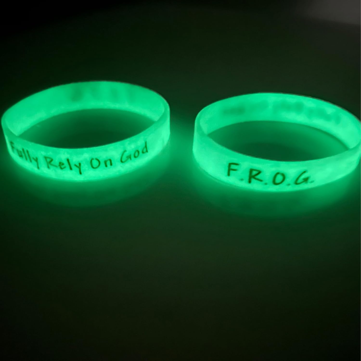 Inspirational Fully Rely On God Frog Glow In The Dark Wristbands Rubber Silicone Bracelets Religious Christian Ink Injected Embossed Size Small Bulk Pack 100 Count