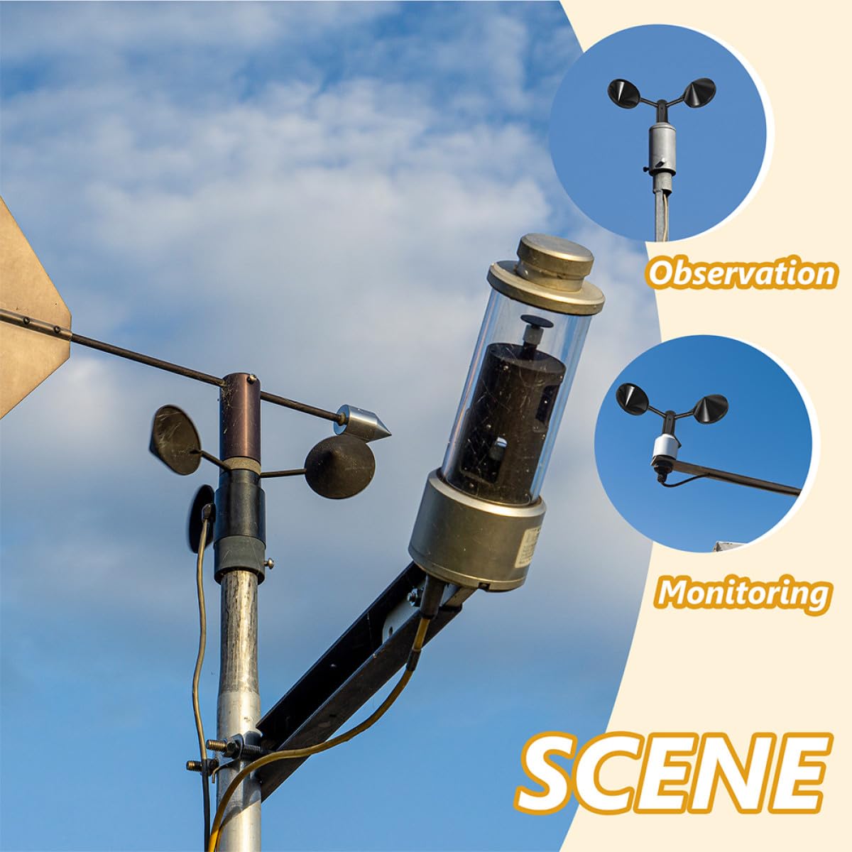 Amosfun Boîtier D’anémomètre Extérieur Abs Noir, 2 Pièces, Capteur de Mesure du Vent à 3 Coupelles pour Surveillance la Vitesse la Direction du Vent