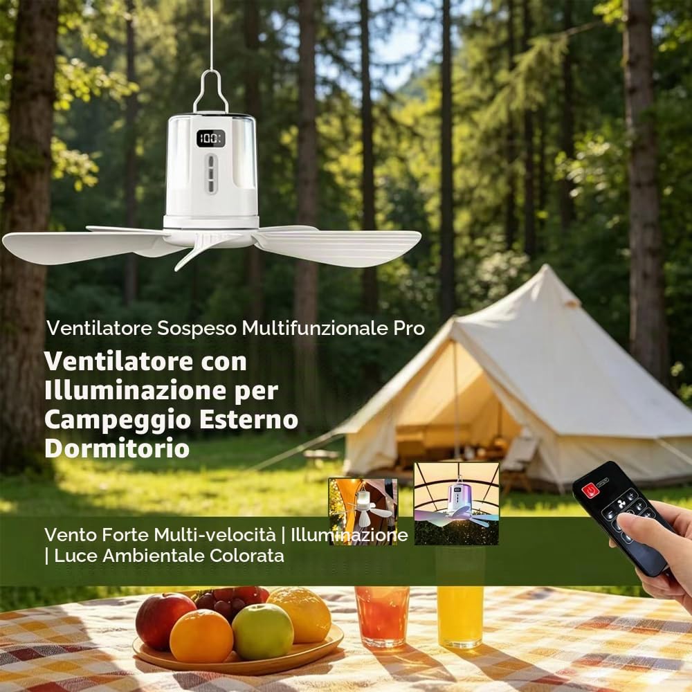 Ventilatore da soffitto con illuminazione da campeggio, ricaricabile, ventilatore da soffitto con luce e telecomando, USB, timer, piccolo ventilatore da soffitto con batteria da campeggio per esterni