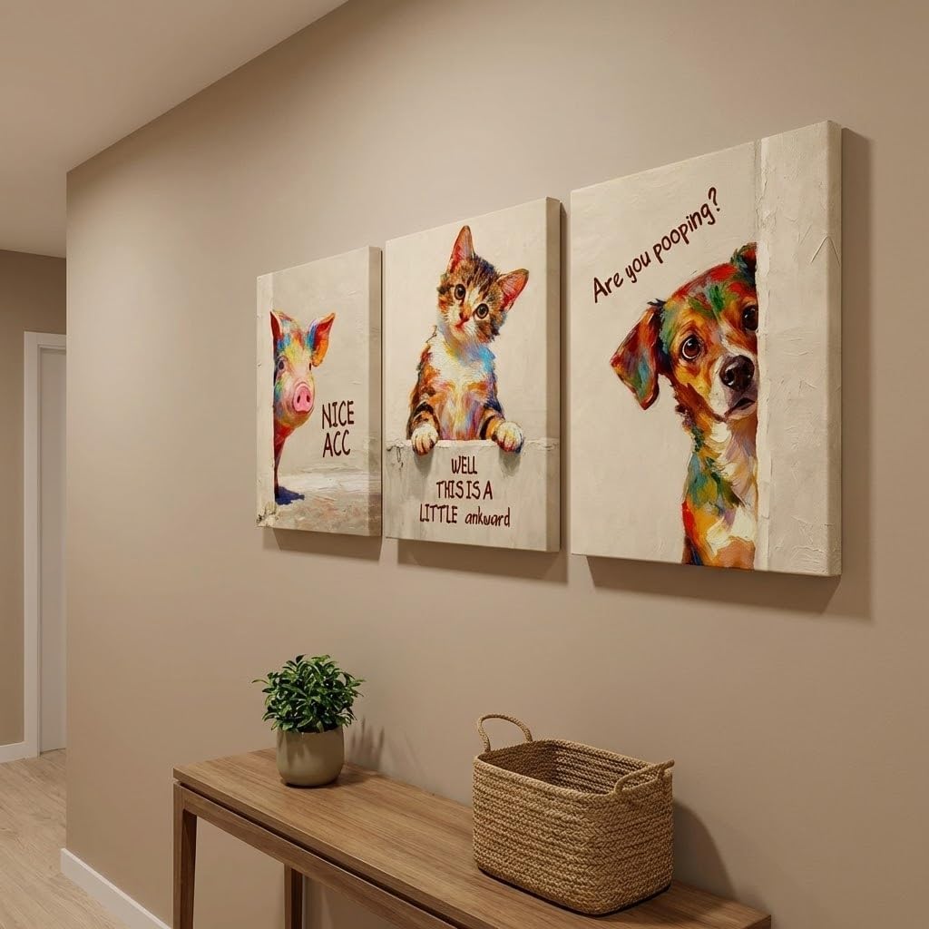 Artiluxy Funny Bathroom Wall Art Set of 3 – 12×16in Humorous Animal Canvas Prints – Cute Pig, Cat & Dog Wall Decor for Bathroom, Powder Room or Guest Bath, Ready to Hang