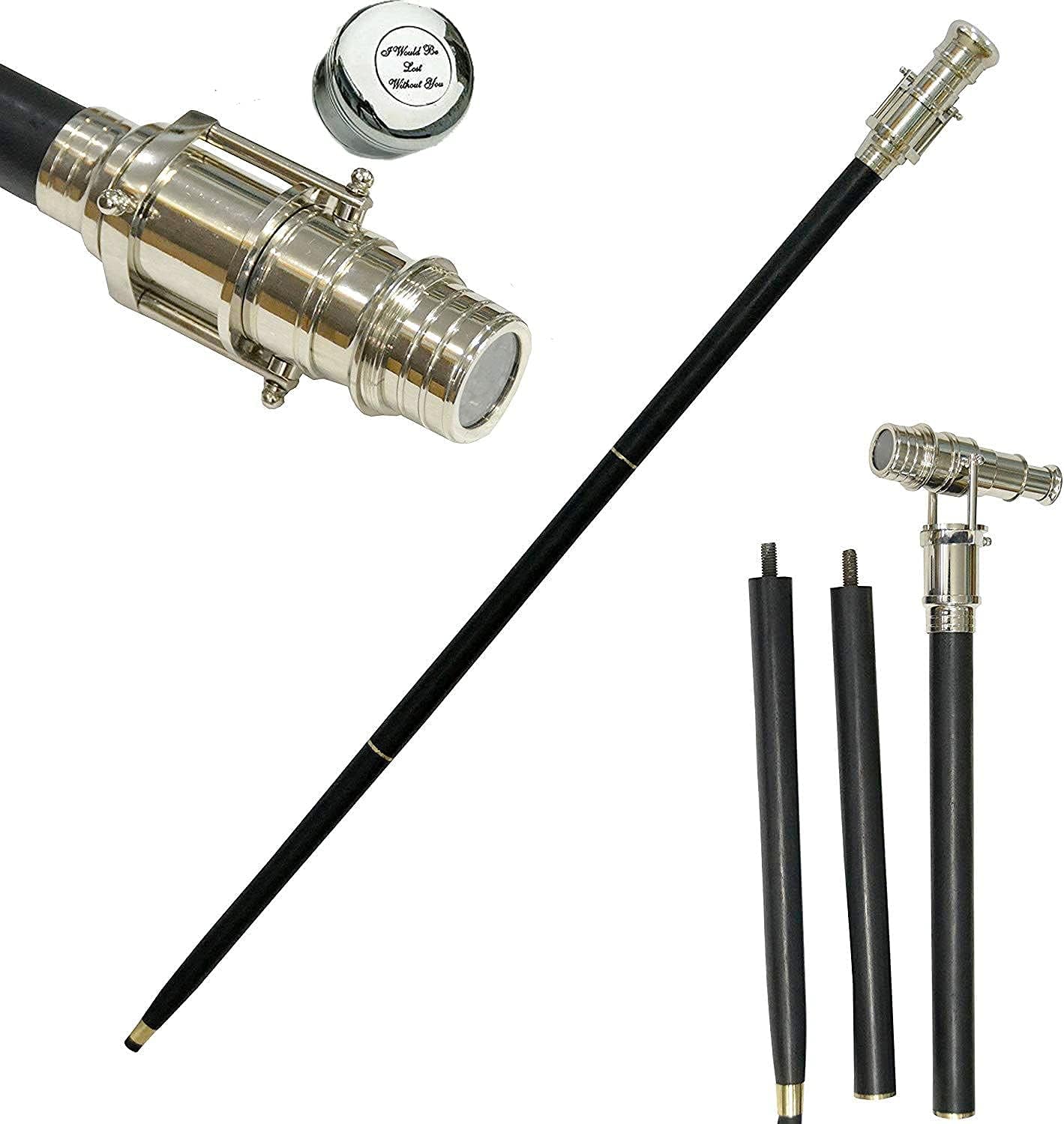 3 Fold Nautical Chrome Finish Brass Hidden SPY Glass Telescope with Black Cane Rustic Vintage Home Decor Gifts