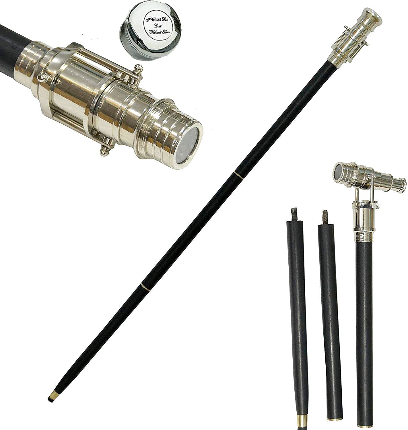 3 Fold Nautical Chrome Finish Brass Hidden SPY Glass Telescope with Black Cane Rustic Vintage Home Decor Gifts