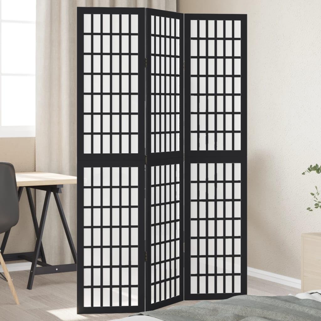 vidaXL Biombo Separador de 3 Paneles Madera Maciza Paulownia Negro, Separador de ambientes, Pantalla de privacidad, Panel Divisor de Habitaciones