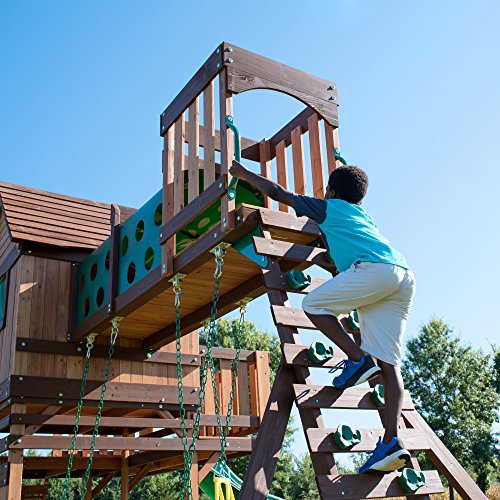 Backyard Discovery Woodridge Elite All Cedar Wood Swing Set, Upper And Lower Deck, Sandbox, Vented Tunnel, Rock Climbing Wall, Coated Rope Belted Swings, Acrobat Bar, Bench Seating, 10 Ft Slide #TOP1