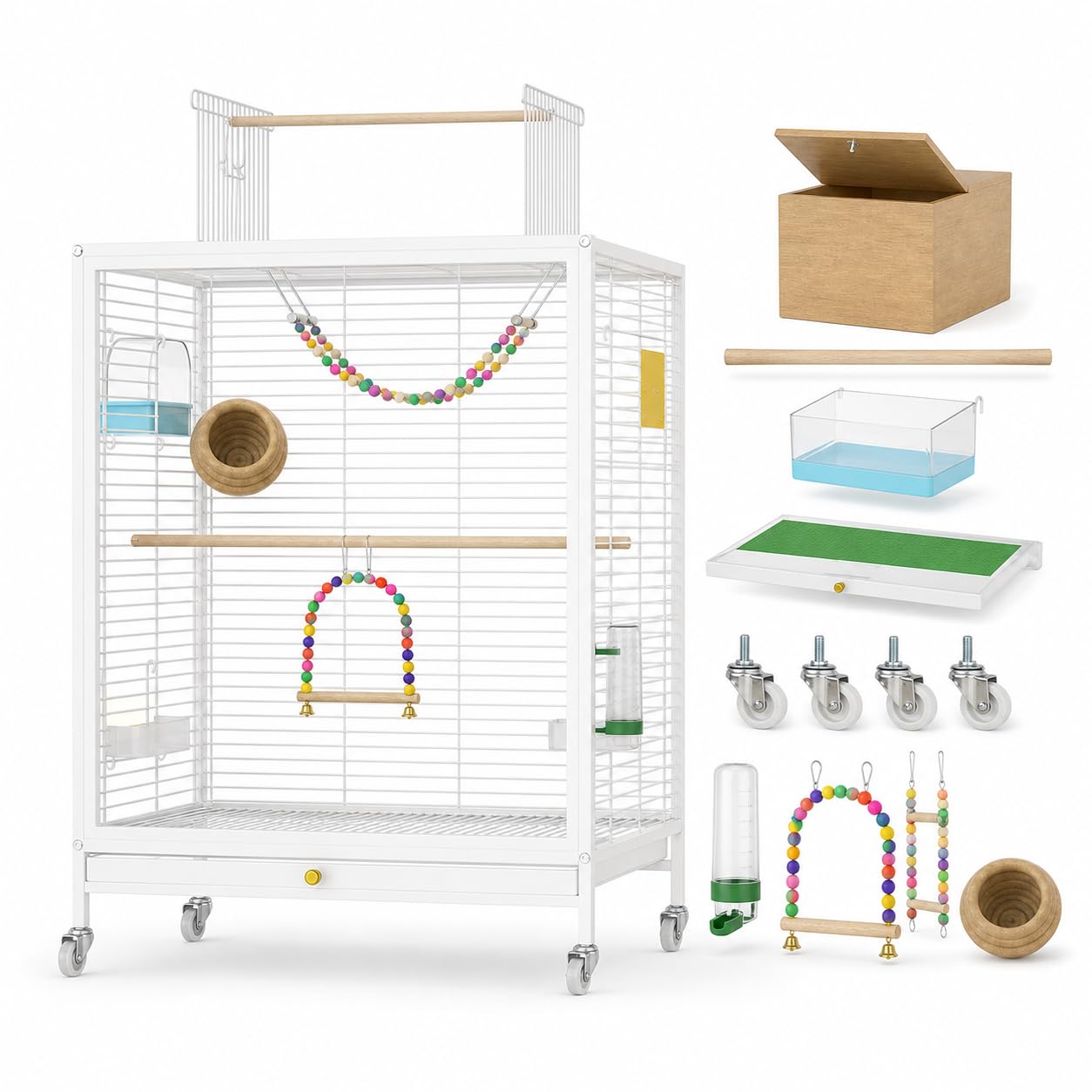 Gabbia per Uccelli e Voliera per Pappagalli, Gabbia per Canarini con Accessori, Design Anti-Spruzzo, in Metallo Resistente, Bianco, Lusso con scatola di allevamento abbinata, Bianco
