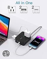 Vista 2 de Protección Contra Sobretensiones con Alargador de Corriente, HANYCONY 8 Salidas con 4 Puertos de Carga USB (2 USB C), Extensor de Salidas Laterales