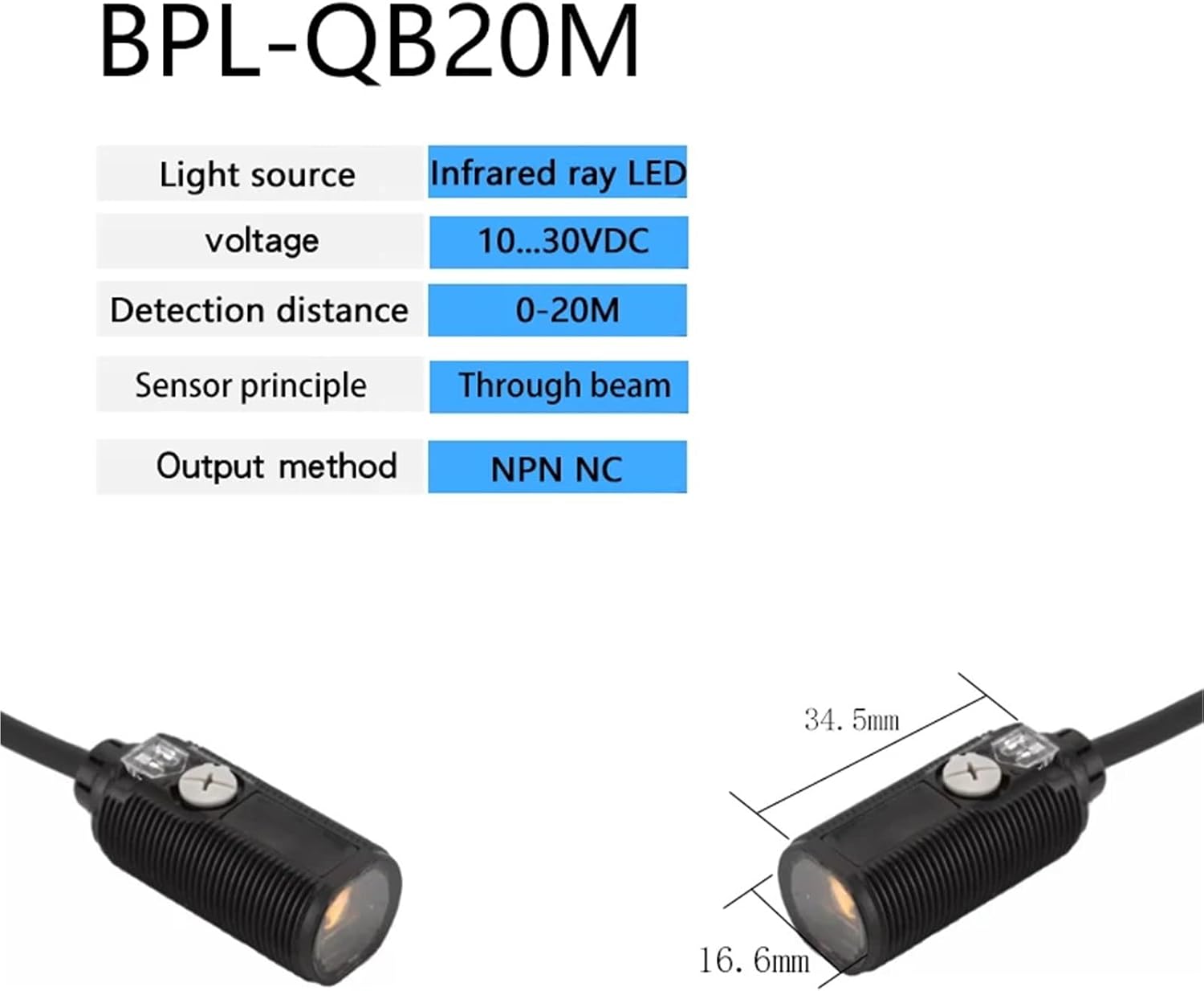 1pc Cylindrical Through Beam Detection Distance 0-4m Switch Sensor NPN PNP Optical Sensor(BPL-QB20M)
