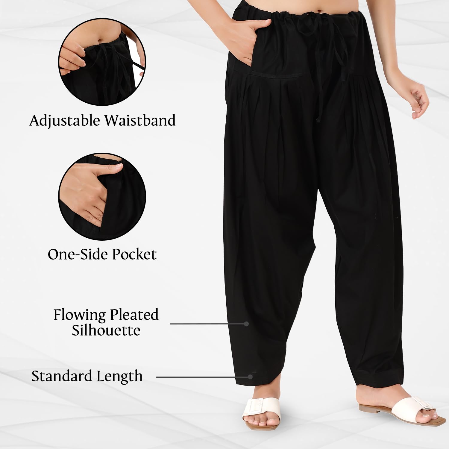 TRASA Semi Patiala Salwar Cotton One Side Pocket Traditional Indian Bottomwear - Free Size Fit up to XXL - Black - Image 3 thumbnail