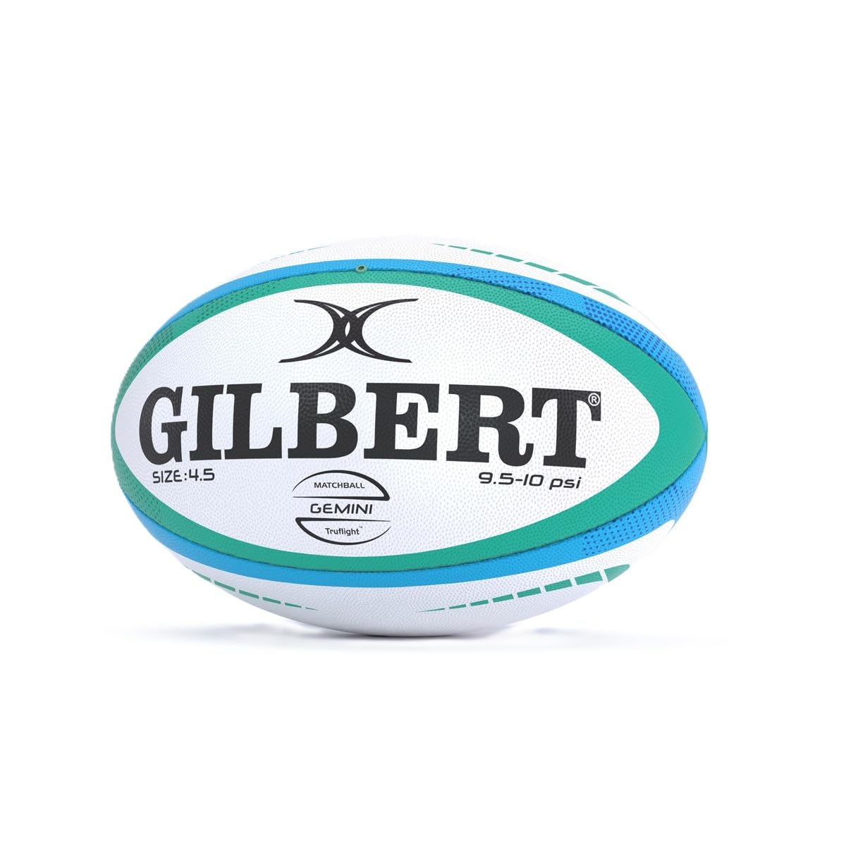 Gilbert Rugby Gemini Match - Balón de rugby (blanco, azul y verde, tamaño 4.5)