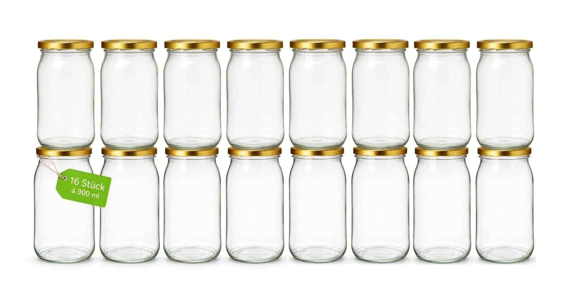 Einmachgläser 900 ml 16er Set fi 82 mit goldenen Schraubdeckeln - Vorratsgläser Glas luftdicht Twist Off - ideal für Gurken Paprika Kompott Marmelade Honig Einmachen Einlegen