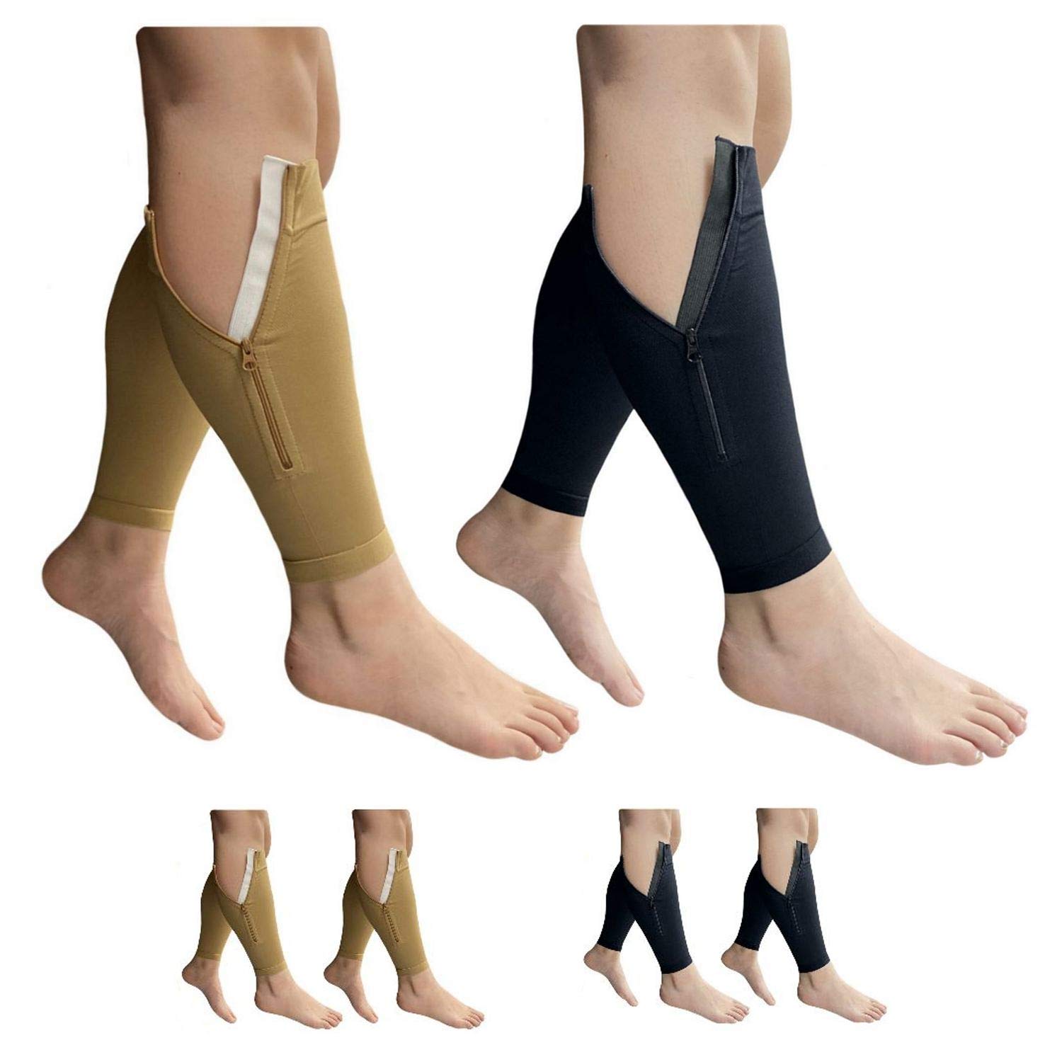 HealthyNeesShin Footless 20-30 mmHg Zipper Compression Leg Calf 2 Pairs Sleeve (Mix Combo, 4X-Large)